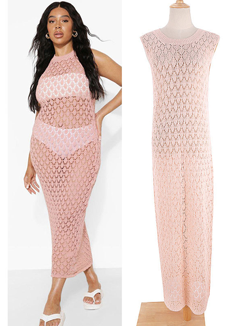 Fashion Zs1849 Pink Tank Top Knit Hollow Sunscreen Long Dress