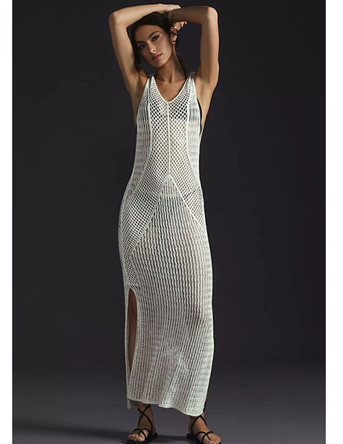 Fashion Zs2021 White Tank Top Knit Hollow Sunscreen Long Dress