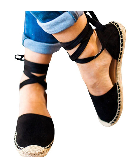 Fashion Black Hemp Rope Flat Toe Strap Sandals