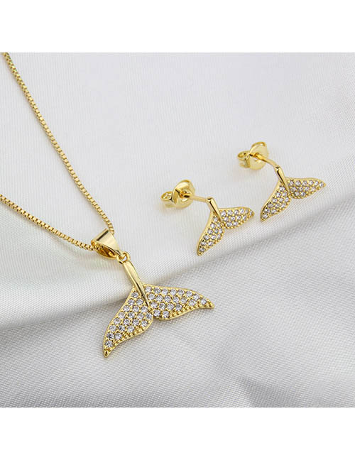 Fashion Gold Brass Diamond Fishtail Stud Necklace Set