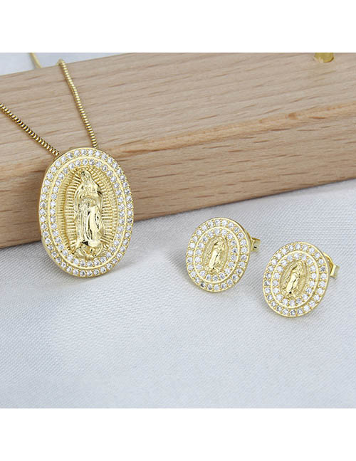 Fashion Gold Bronze Virgin Mary Stud Necklace Set With Diamonds