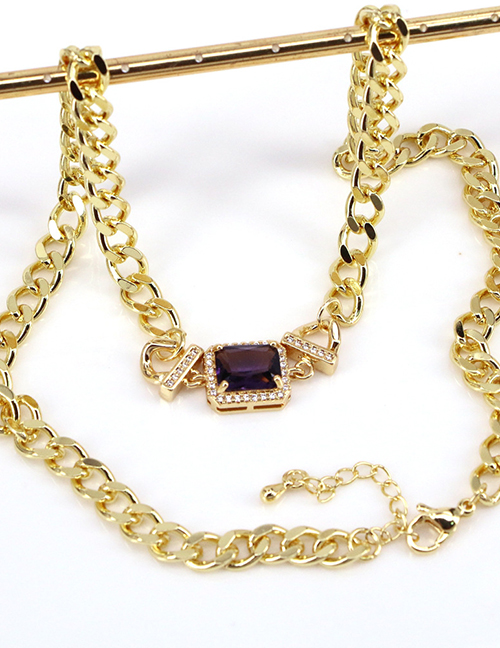 Fashion Purple Brass Set Square Zirconium Chain Necklace