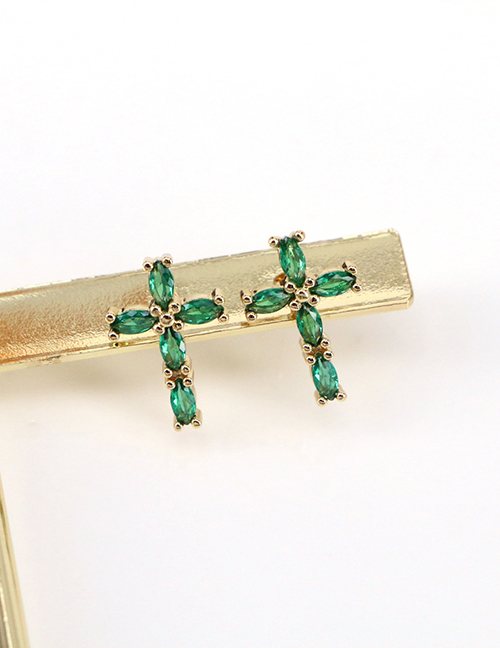 Fashion Green Copper Inlaid Zirconium Cross Stud Earrings