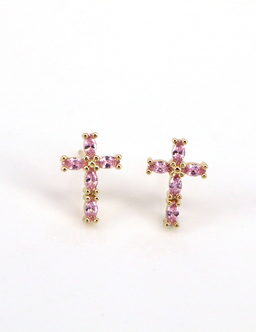 Fashion Pink Copper Inlaid Zirconium Cross Stud Earrings
