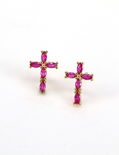 Fashion Rose Red Copper Inlaid Zirconium Cross Stud Earrings