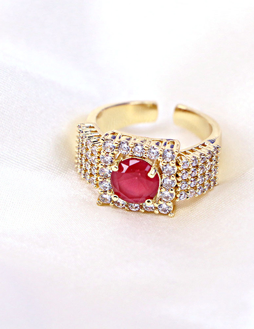 Fashion Red Copper Gold Plated Zirconium Geometric Open Ring