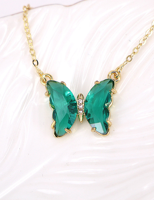 Fashion Dark Green Pure Copper Glass Butterfly Necklace