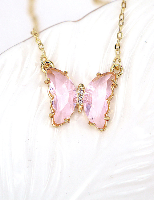 Fashion Pink Pure Copper Glass Butterfly Necklace