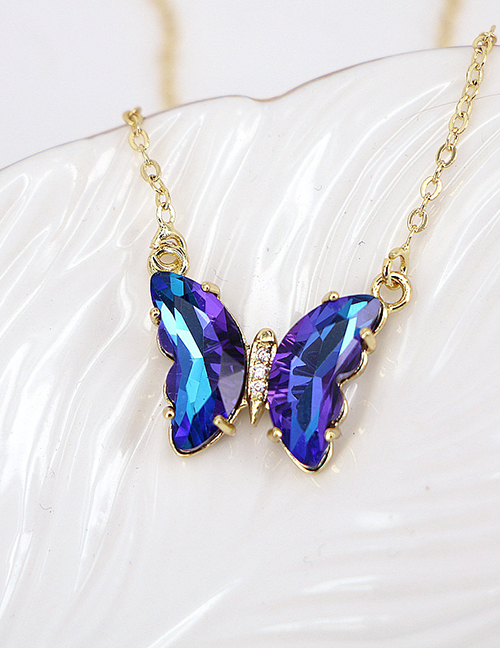 Fashion Navy Blue Pure Copper Glass Butterfly Necklace