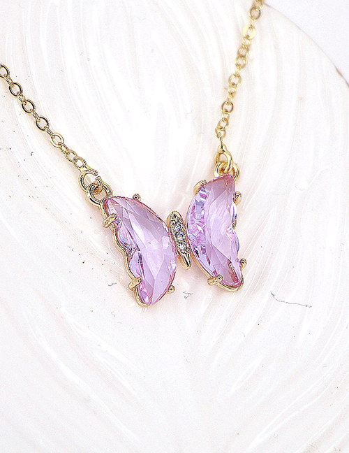 Fashion Light Purple Pure Copper Glass Butterfly Necklace