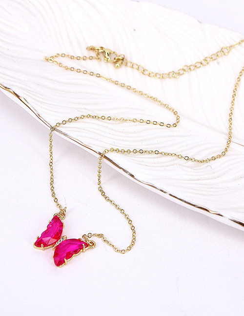 Fashion Rose Red Pure Copper Glass Butterfly Necklace