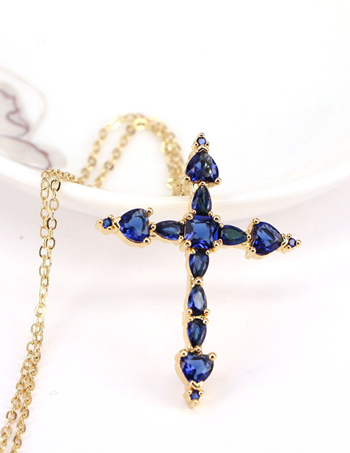 Fashion Navy Blue Bronze Zirconium Cross Necklace