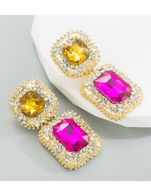 Fashion Rose+yellow Alloy Diamond Square Stud Earrings
