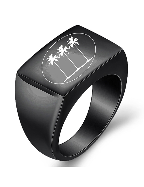 Fashion Black Titanium Three Tree Signet Geometric Glossy Ring