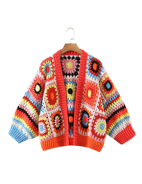 Fashion Color Hand Crochet Checkered Loose Cardigan