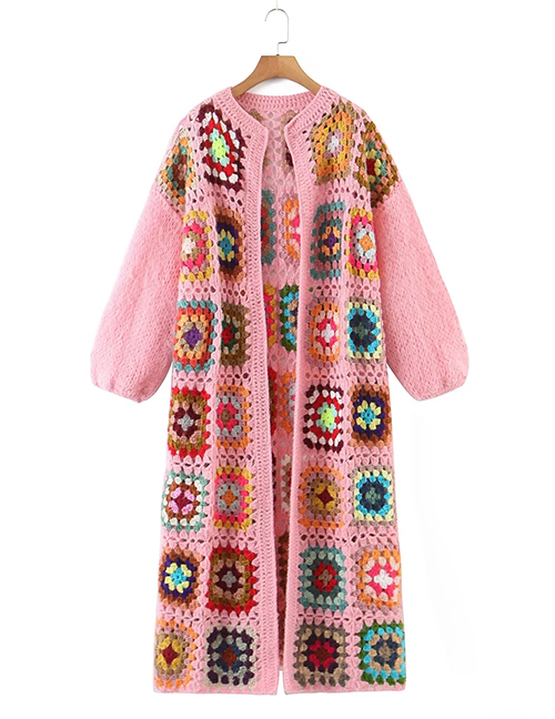 Fashion Pink Hand Crochet Checkered Long Cardigan
