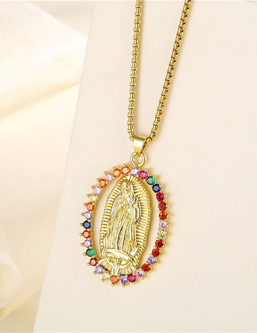 Fashion Gold Virgin Mary Oval Necklace In Titanium With Fancy Diamonds