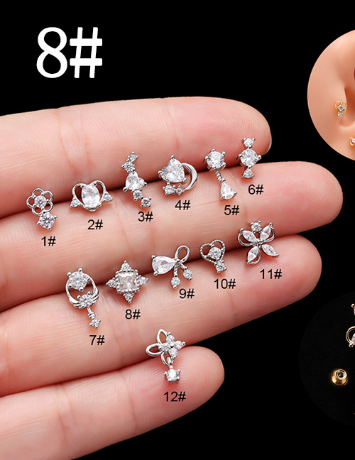 Fashion 8# Silver Titanium Steel Set Zirconium Geometric Pierced Stud Earrings