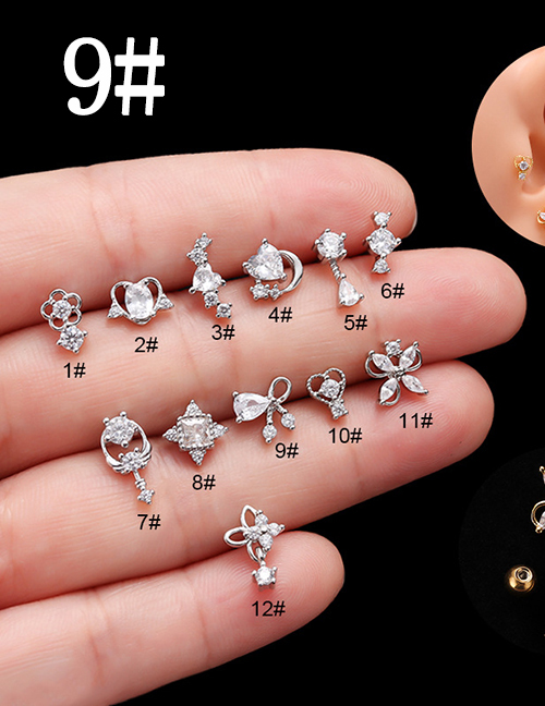 Fashion 9# Silver Titanium Steel Set Zirconium Geometric Pierced Stud Earrings
