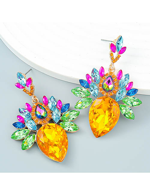 Fashion Yellow Color Alloy Inset Water Drop Diamond Geometric Stud Earrings