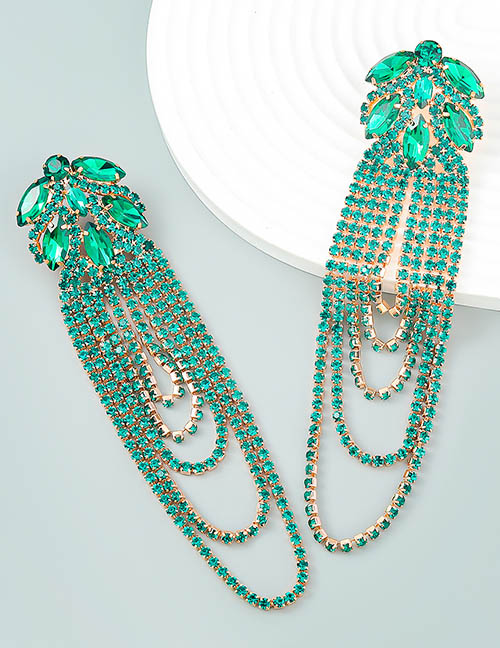 Fashion Green Alloy Diamond Chain Tassel Drop Earrings