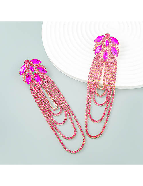 Fashion Rose Red Alloy Diamond Chain Tassel Drop Earrings