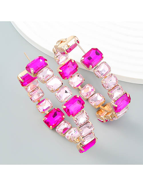 Fashion Rose Red Alloy Set Square Diamond Round Earrings