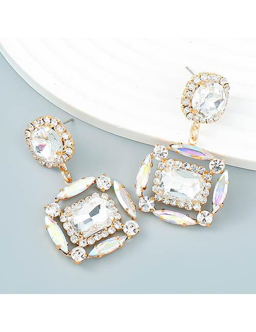 Fashion White Alloy Diamond Square Stud Earrings