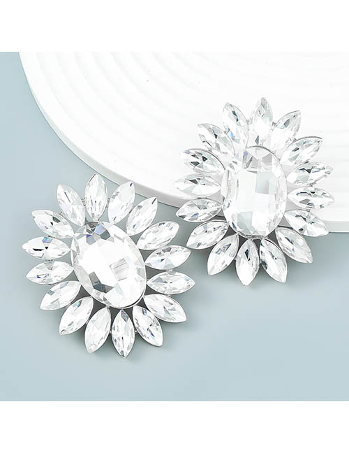 Fashion Silver Alloy Set Oval Glass Diamond Stud Earrings