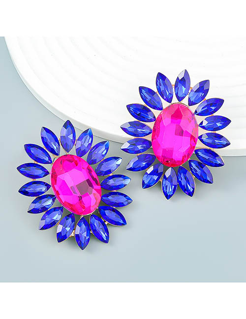 Fashion Rose Red Alloy Set Oval Glass Diamond Stud Earrings