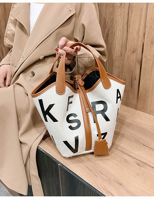 Fashion Brown Canvas Letter Print Large Tote Bag