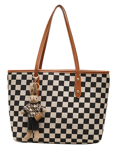 Fashion Plaid Brown Belt Pendant Checkerboard Large Capacity Shoulder Bag