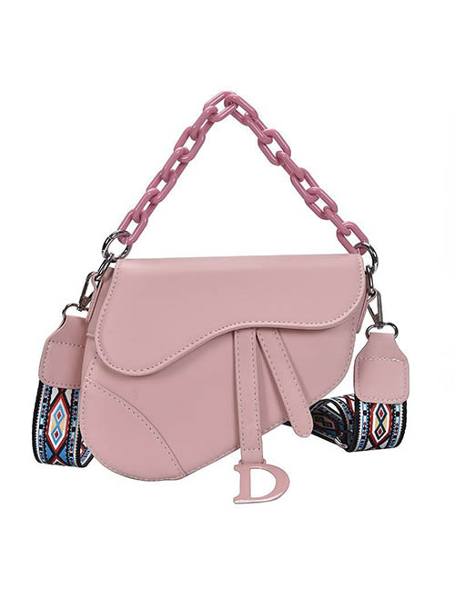 Fashion Pink Pu Chain Hand-held Diagonal Saddle Bag