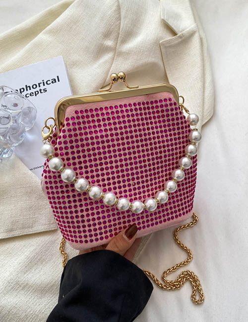 Fashion Pink Pu Rhinestone Large Capacity Clip Buckle Pearl Hand Messenger Bag