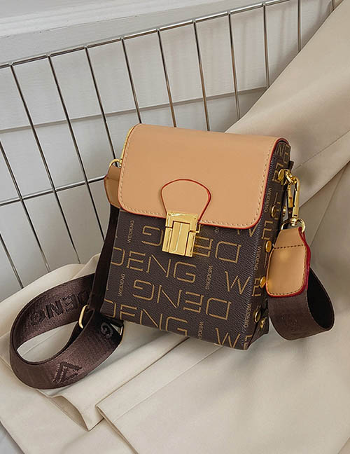 Fashion Brown Pu Letter Print Lock Flap Crossbody Bag