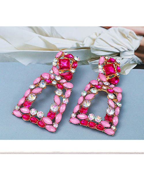 Fashion Red Pink Alloy Diamond Square Stud Earrings