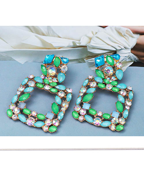 Fashion Blue-green Alloy Diamond Square Stud Earrings