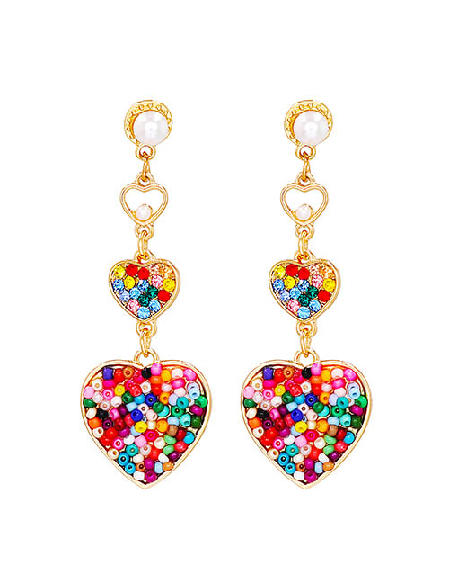 Fashion Color Alloy Rice Bead Braided Diamond Heart Earrings