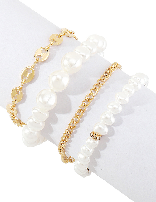 Fashion Gold Metal Geometric Pearl Beaded Chain Bracelet Set