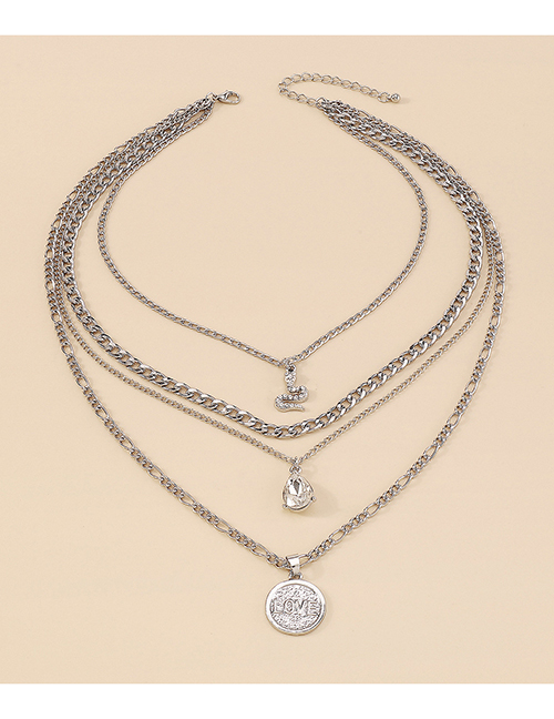 Fashion White K Alloy Alphabet Round Brand Water Drop Diamond Snake Multilayer Necklace