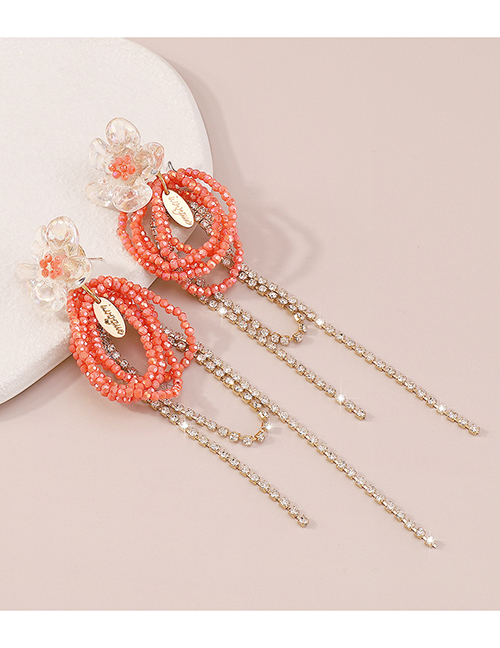 Fashion Pink Alloy Diamond Claw Chain Geometric Beaded Tassel Flower Drop Earrings