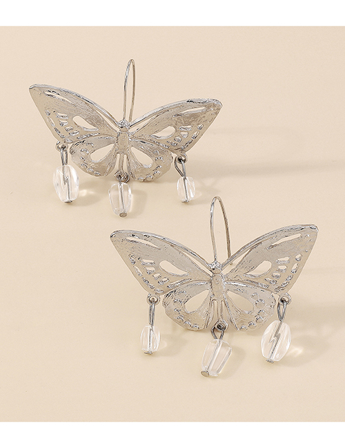 Fashion White K+ Transparent White Beads Metal Geometric Cutout Butterfly Earrings
