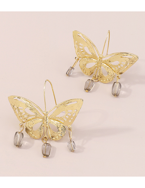 Fashion Gold + Transparent Black Beads Metal Geometric Cutout Butterfly Earrings