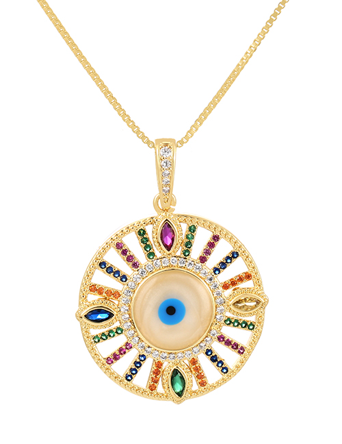 Fashion Gold-4 Bronze Zirconium Oil Drop Eye Round Pendant Necklace