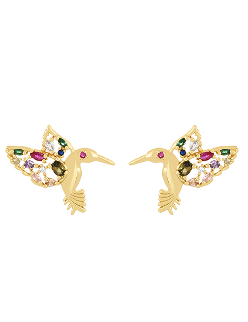 Fashion Gold-2 Copper Inlaid Zirconium Bird Stud Earrings