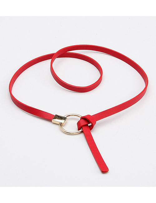 Fashion Red Faux Leather Round Buckle Thin Belt