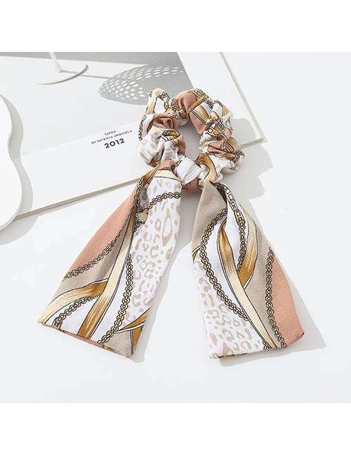 Fashion Light Brown Fabric Print Long Tail Bow Pleated Hair Tie