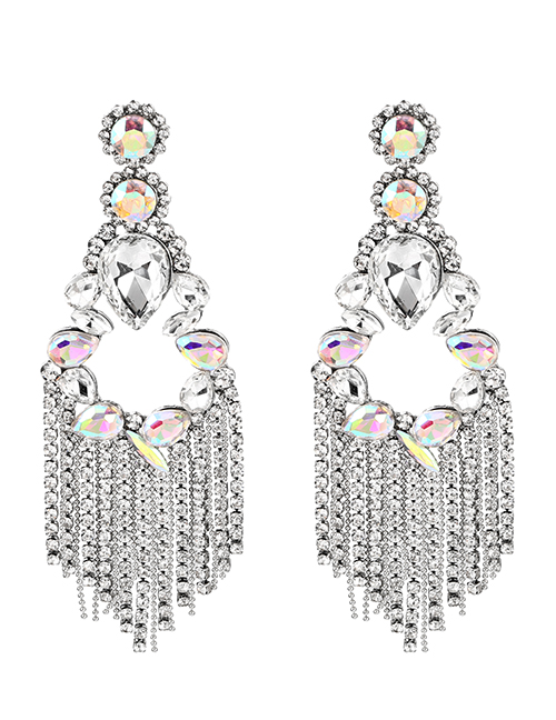 Fashion Ab Color Alloy Diamond Waterdrop Tassel Stud Earrings