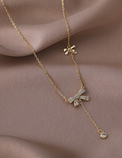 Fashion Gold Bronze Zirconium Bow Necklace