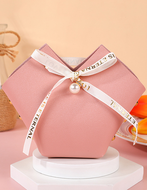 Fashion S1096# Pink (with Ribbon Pearl) Leather Ribbon Irregular Portable Candy Box
